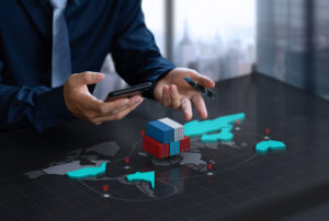 businessman show export container on digital world map screen scaled