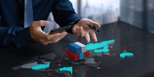 businessman show export container on digital world map screen scaled